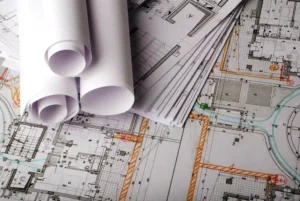 Zwinięte białe kartki leżące na projektach budowlanych
