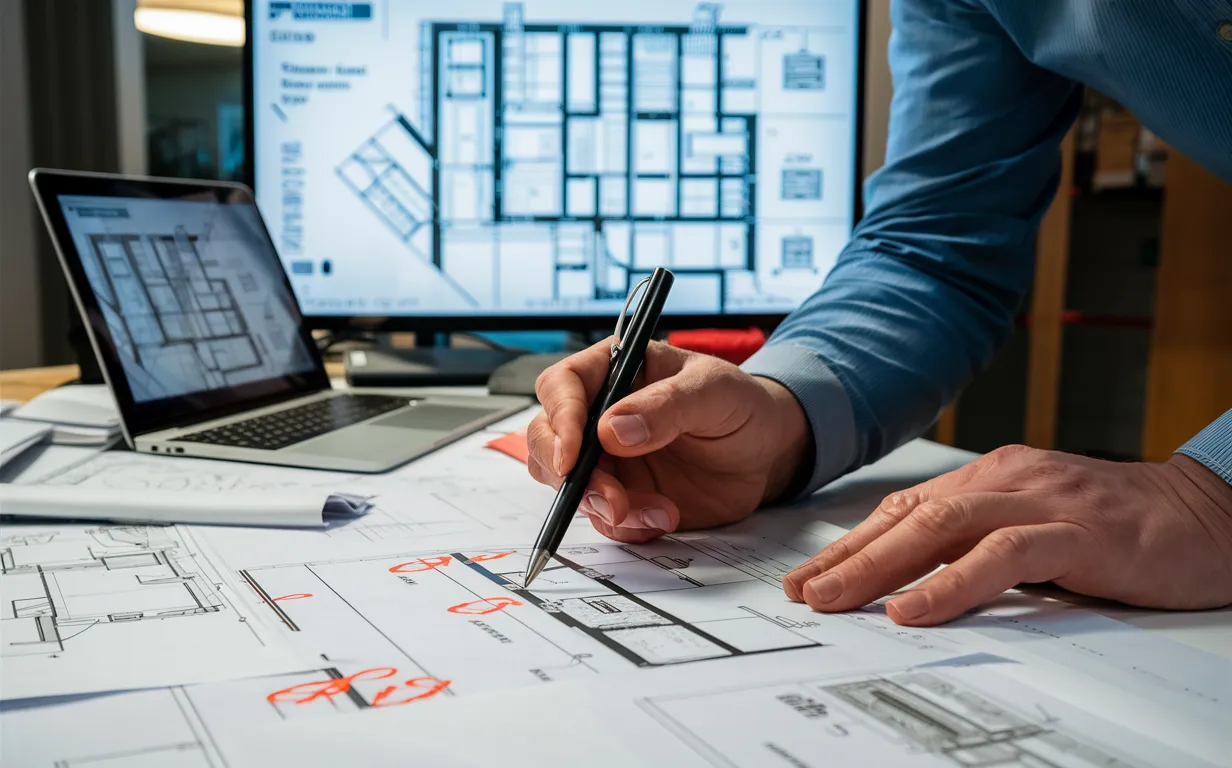Architekt aktualizujący rysunki techniczne na biurku z dokumentami budowlanymi i laptopem z wyświetlonymi planami powykonawczymi.