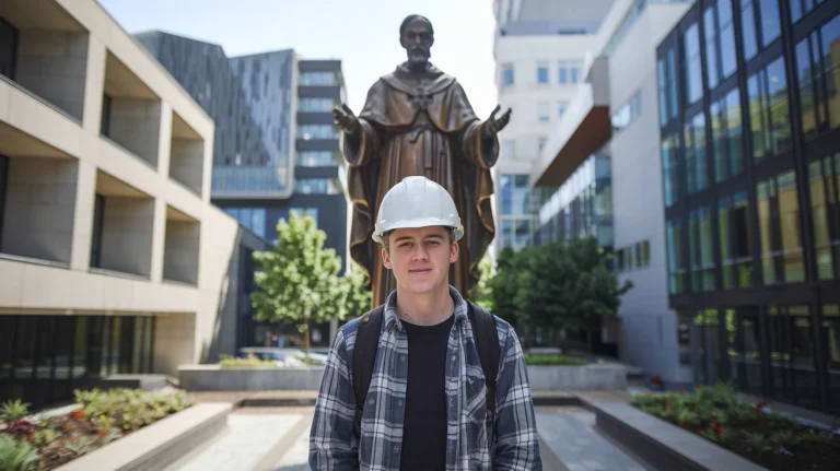 Student inżynierii stojący przed posągiem świętego Józefa - patronem inżynierów