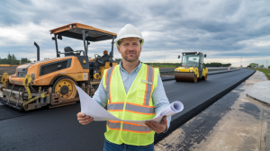 Kierownik robót bitumicznych podczas nadzoru nawierzchni asfaltowej