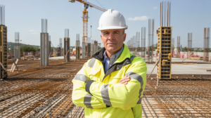 Kierownik robót żelbetowych na placu budowy podczas nadzoru konstrukcji żelbetowej