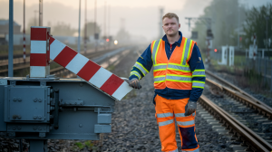 Zwrotniczy kolejowy przy zwrotnicy na stacji