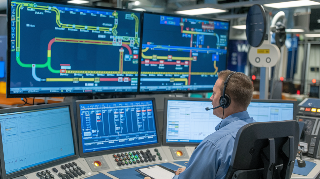 Dyspozytor kolejowy analizuje mapę ruchu pociągów na dużym ekranie w centrum sterowania