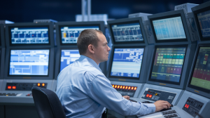 Dyżurny ruchu przy monitorach sterowania ruchem kolejowym