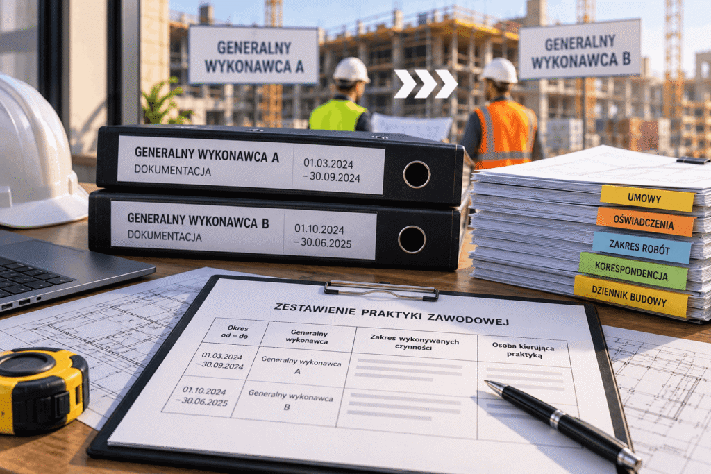 Oddzielne wskazanie okresów, wykonywanych zadań i osób kierujących praktyką pozwala przejrzyście udokumentować doświadczenie zdobyte na jednej inwestycji.