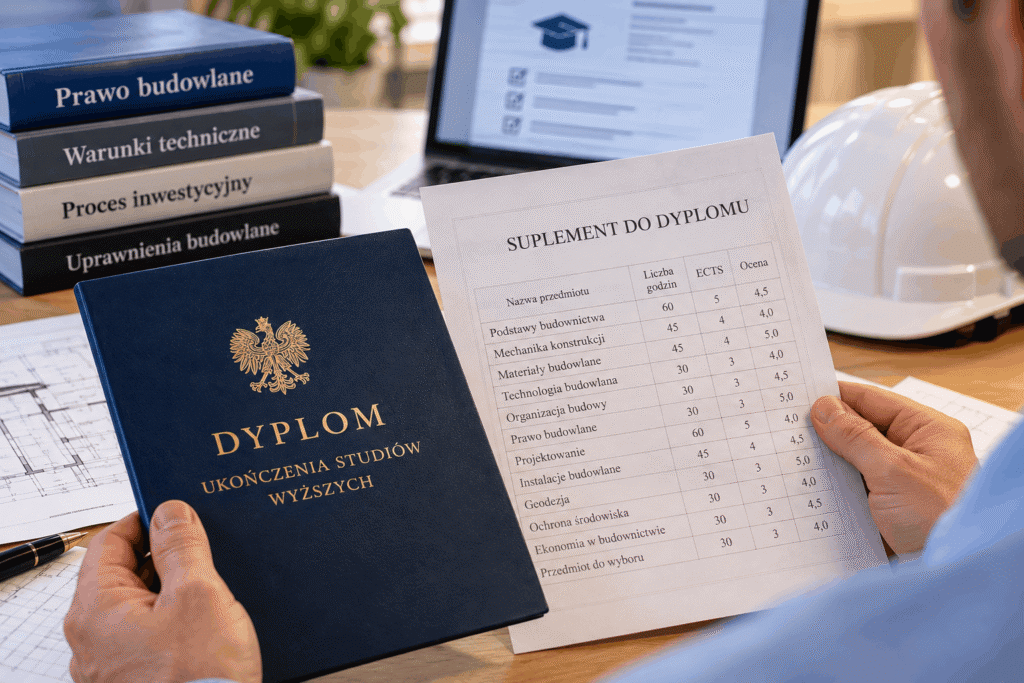Weryfikacja wykształcenia do uprawnień budowlanych obejmuje analizę dyplomu, suplementu oraz programu studiów w celu potwierdzenia kwalifikacji wymaganych podczas postępowania kwalifikacyjnego.