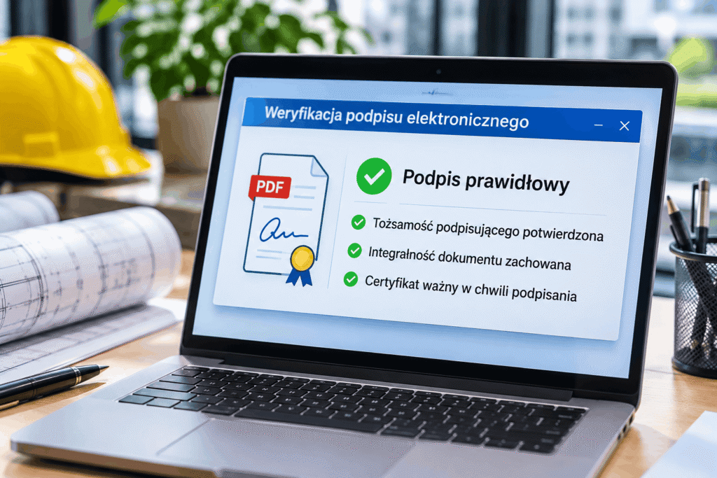 Weryfikacja cyfrowa pozwala sprawdzić tożsamość osoby podpisującej, integralność dokumentacji oraz ważność certyfikatu w chwili składania podpisu.