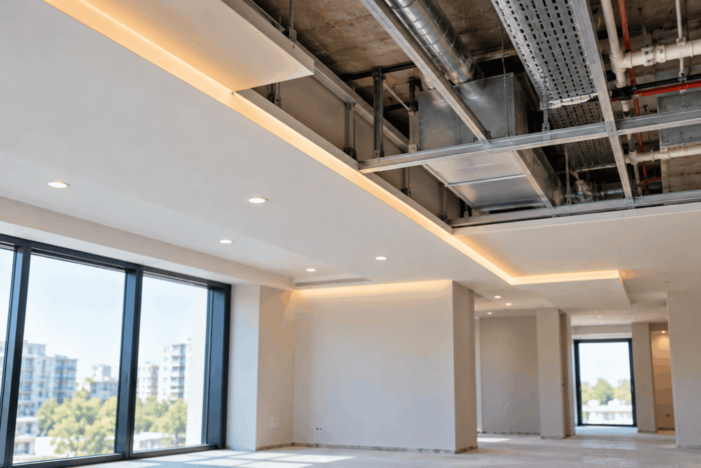Nieplanowane obniżenie sufitu podwieszanego może wpływać na wysokość użytkową pomieszczenia, rozmieszczenie instalacji oraz zgodność wykonania z dokumentacją projektową.