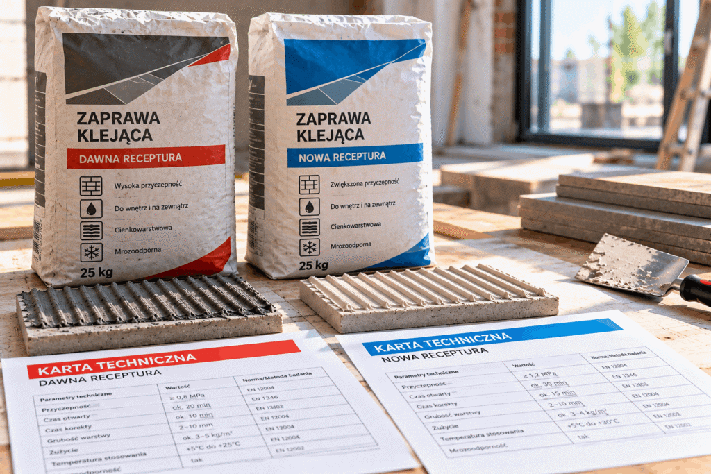 Zmiana receptury materiału budowlanego może wpływać na jego właściwości techniczne, dlatego przed zastosowaniem produktu warto sprawdzić zgodność aktualnych parametrów z wymaganiami projektu.