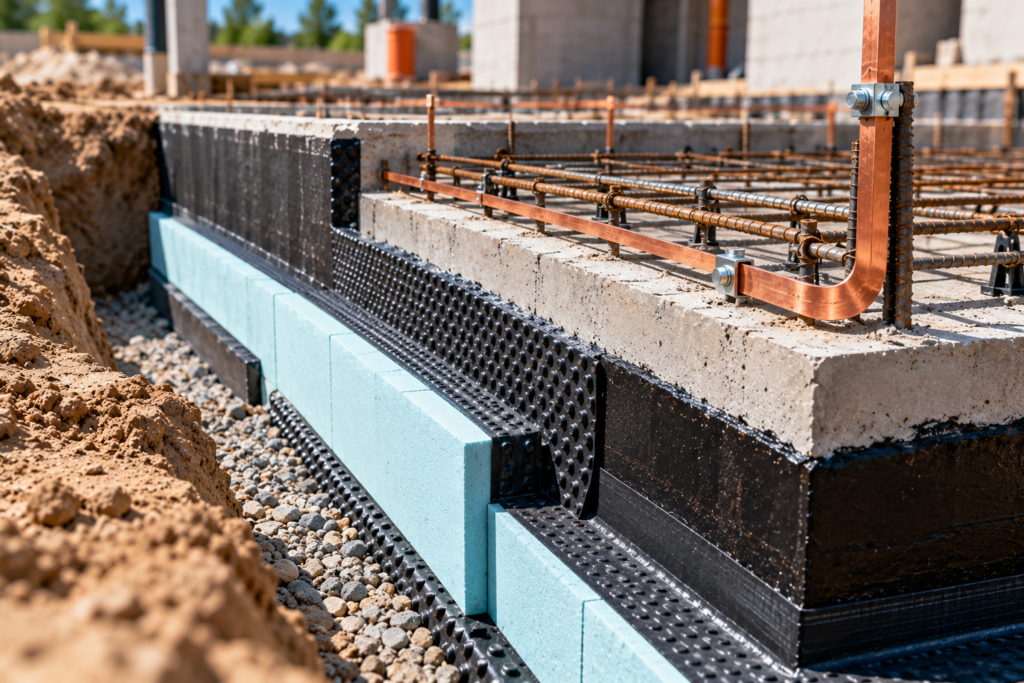 Warstwy hydroizolacyjne i termoizolacyjne mogą ograniczać kontakt elektryczny fundamentu z gruntem, dlatego wymagają uwzględnienia podczas projektowania instalacji uziemiającej.